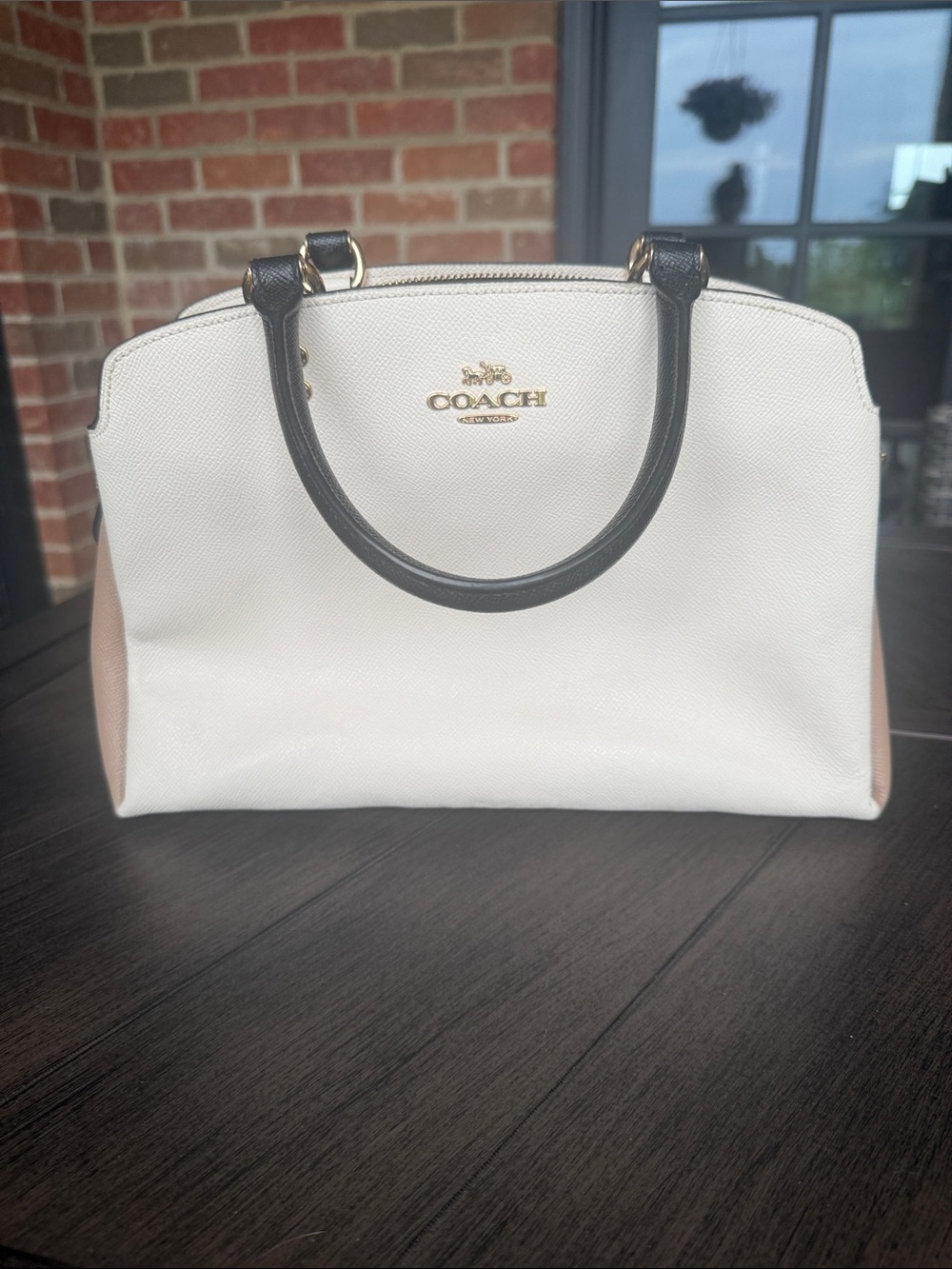 Coach and Four White Leather Satchel with Black Handles and Tan Sides